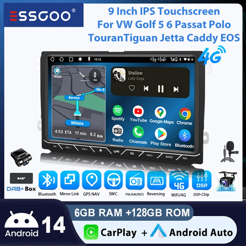 ESSGOO Android 14 Autoradio 9" 6+128 GB 8 Core Wireless CarPlay Android Auto für VW Golf 5 6 Passat Polo Touran Tiguan Jetta Caddy EOS 4G-Internet DSP GPS Navigation FM/AM/RDS CANBUS Mirror Link