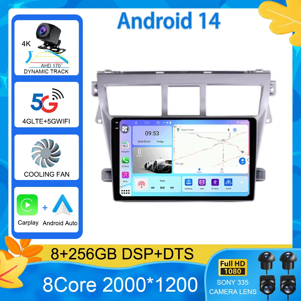 

For Toyota Vios Yaris 2007 2008-2012 9 Inch 2 Din Car Stereo Radio Multimedia Video Player Android Auto Carplay GPS Navigation