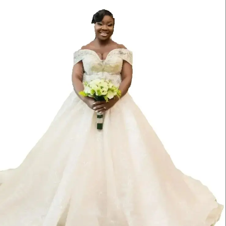 

Customized African Black Girls Plus Size Wedding Dresses Sweep Train Sweetheart Beaded Off The Shoulder Modest Bridal Gowns