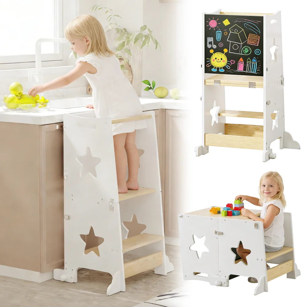 Toddler Learning Tower - オラベス 3-in-1 幼児用キッチンステップスツール、折りたたみ式学習スタンドタワー（黒板付き）、木製キッチンヘルパースツール（1～3歳の男の子・女の子向けギフト）
