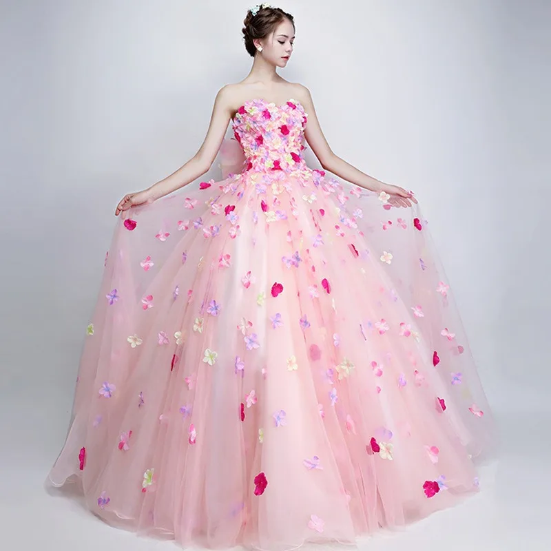 

2024 Charming Colorful Quinceanera Dresses Pink Flowers Strapless Tulle Long robes 15 Years Prom Dresses with Bow