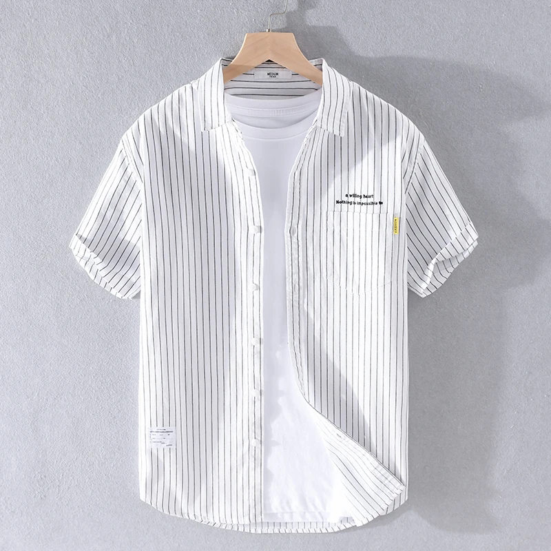 

New Stylish Embroidery Short-sleeve Striped Casual Cotton Brand Shirts For Men Fashion Tops Clothing Camisa Masculina Drop-Ship