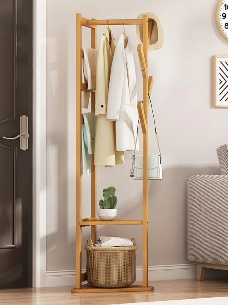 Solid Wood Clothes Rack Floor Standing Coat Rack Simple Bedroom Hanging Bag Rack Multi-function Home Sleek Organizer