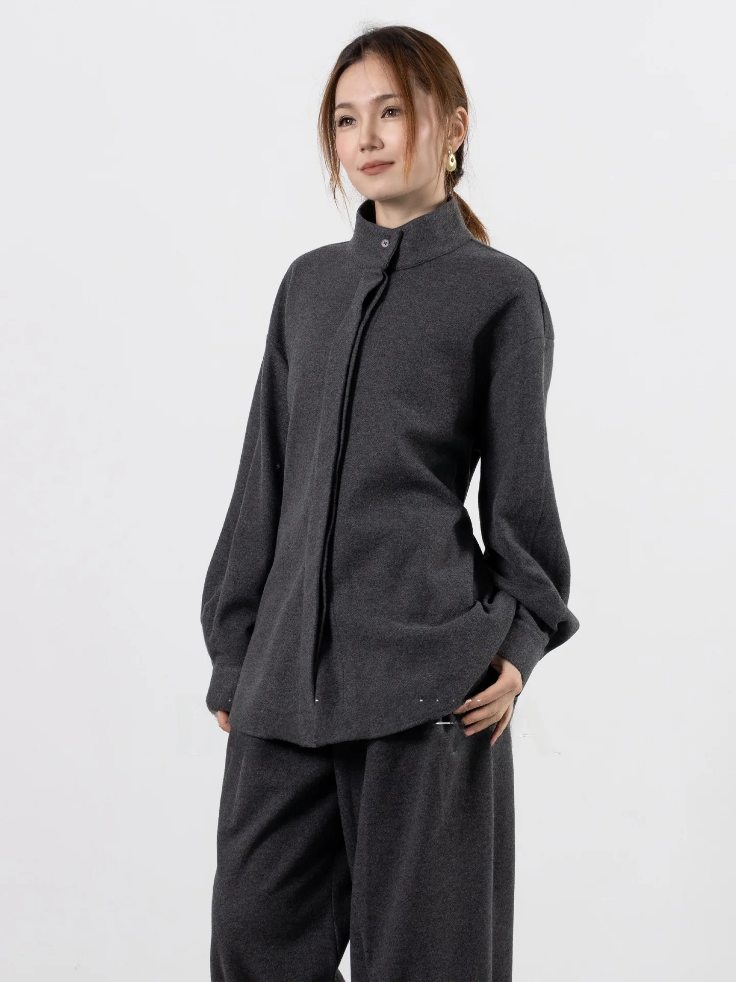 

Комплект из шерстяной кофты и брюк DianThia, женские осенне-зимние теплые брюки с широкими штанинами, высоким воротником и застежкой на пуговицах