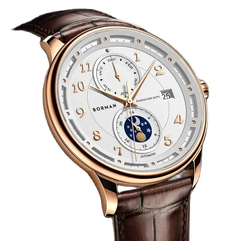 Marchio di lusso BORMAN Seagull Orologi meccanici automatici da uomo Zaffiro Multi-funzione impermeabile Fasi lunari Orologi maschili BM3869