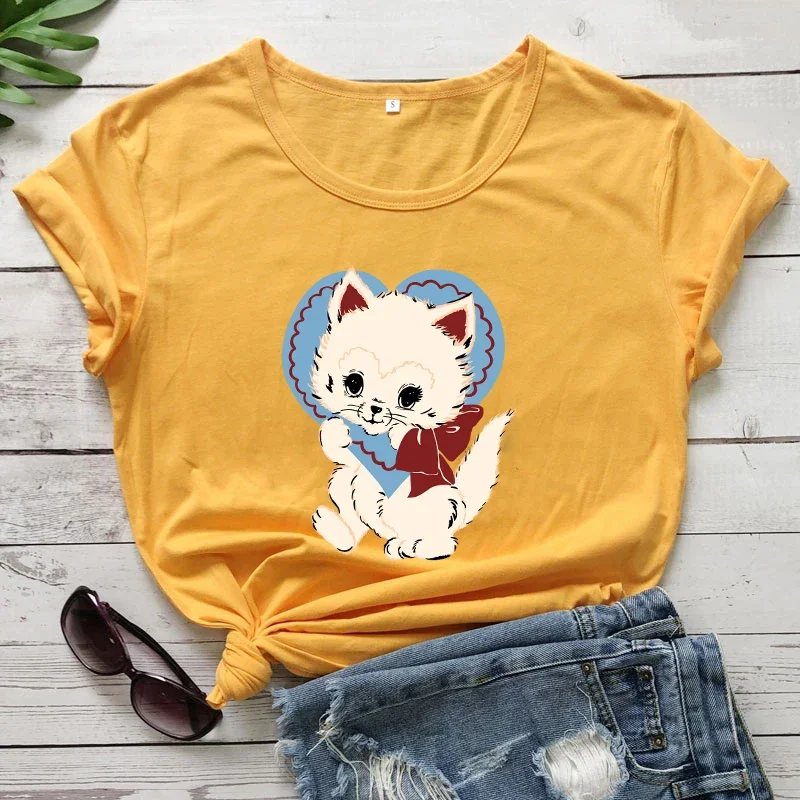 Sunmmer New Wowen T Shirt Coloful Cute Heart Cat Tops Cat Lovers Shirt Cat Mama Tshirt Women Cotton Grunge Aesthetic Casual Tee