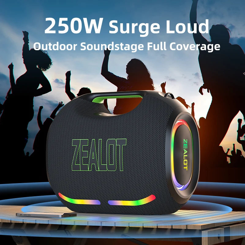 ZEALOT ZE21 Altoparlante wireless da 250 W, portatile da esterno, batteria lunga 48000 mAh, con luci colorate RGB, fino a 18 ore di riproduzione.