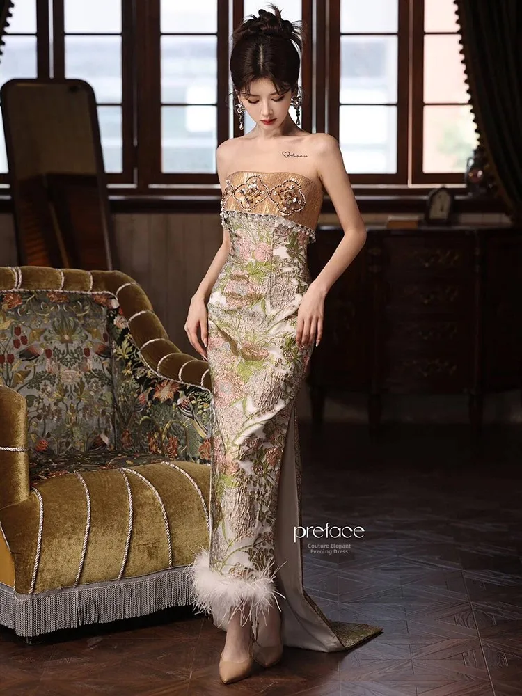 

Ele Chinese Sle Long Dr for Women Wedding Morning oot Sexy Strapl Drinking Ceremony Luxury Small Dr