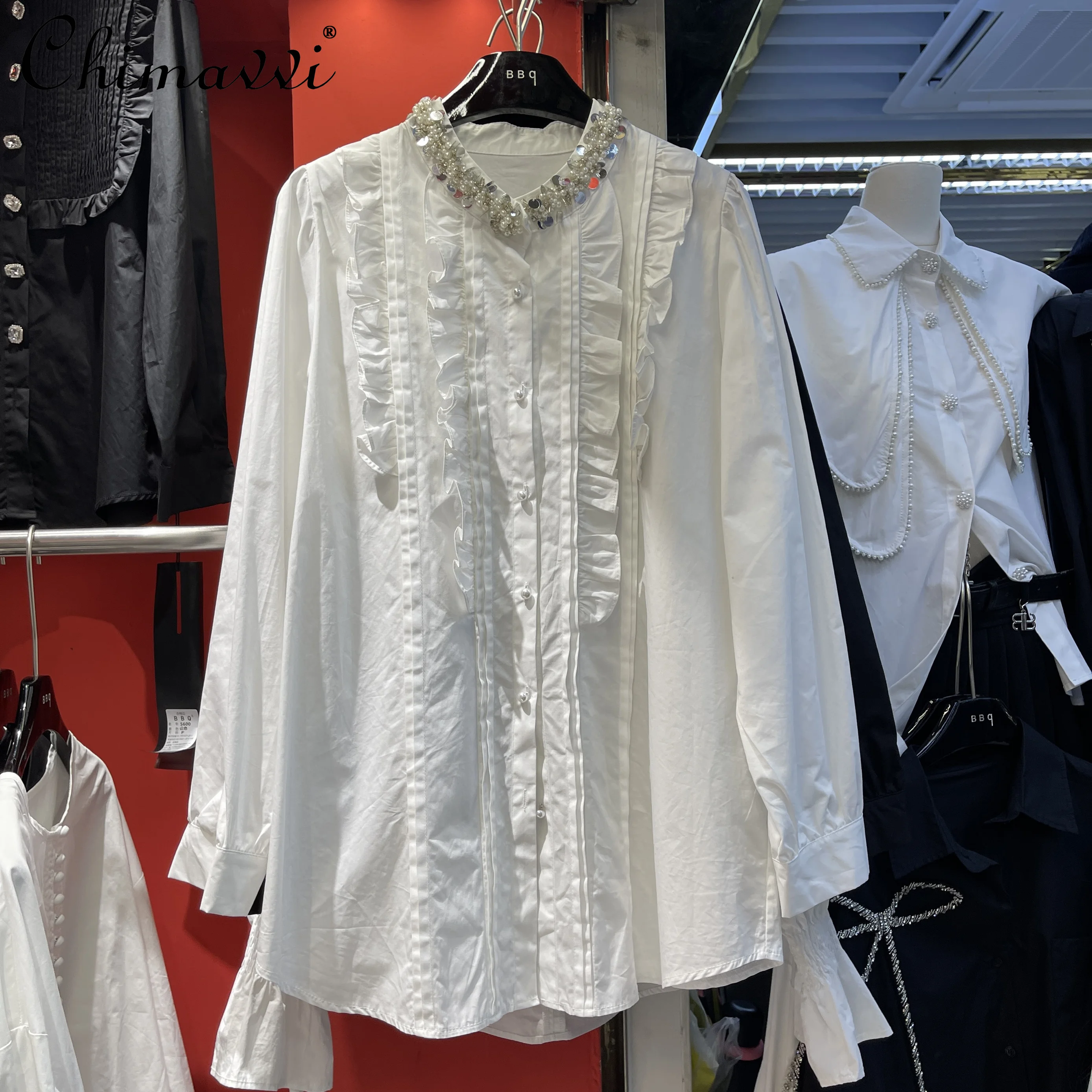 

Fashion Sweet Heavy Beaded Inlaid Stand-up Collar Sequined Fungus Edge Shirt Spring Autumn New Loose Long-sleeved Women's Top