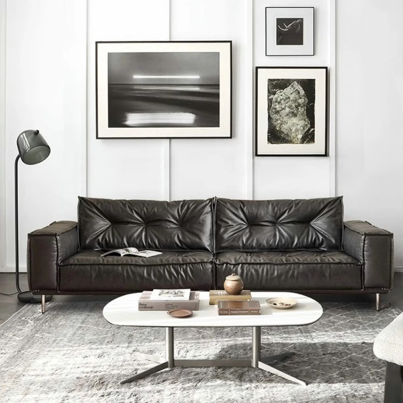 

Nordic French living room small apartment down retro medieval black oil wax leather first layer cowhide sofa