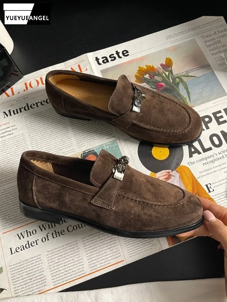 

Spring Women Solid Color Sheepskin Suede Shoes British Style Low Heels Genuine Leather Shoes Metal Buckle Retro Casual Footwear