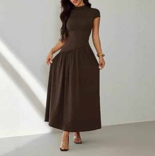 

Women's Dress Summer New Fashionable and Elegant Style Solid Color Simple Round Neck High Waist Design Pleated A-Line Dress