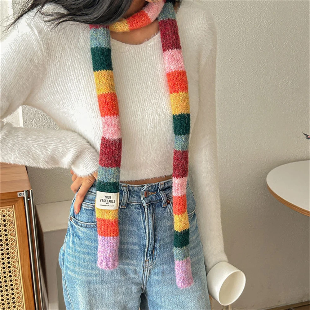 Women Rainbow Stripe Knitted Scarf Patchwork Clashing Colors Long Soft Scarves Female Winter Premium Feeling Weenie Scarf Shawl