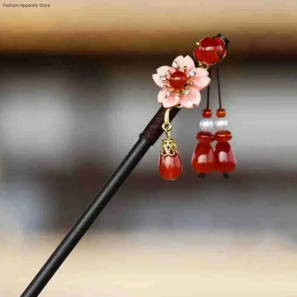 

Wooden New Chinese Hair Stick Vintage Handmade Flower Hairpin with Tassel Flower Hanfu Hair Bun For Women Girls