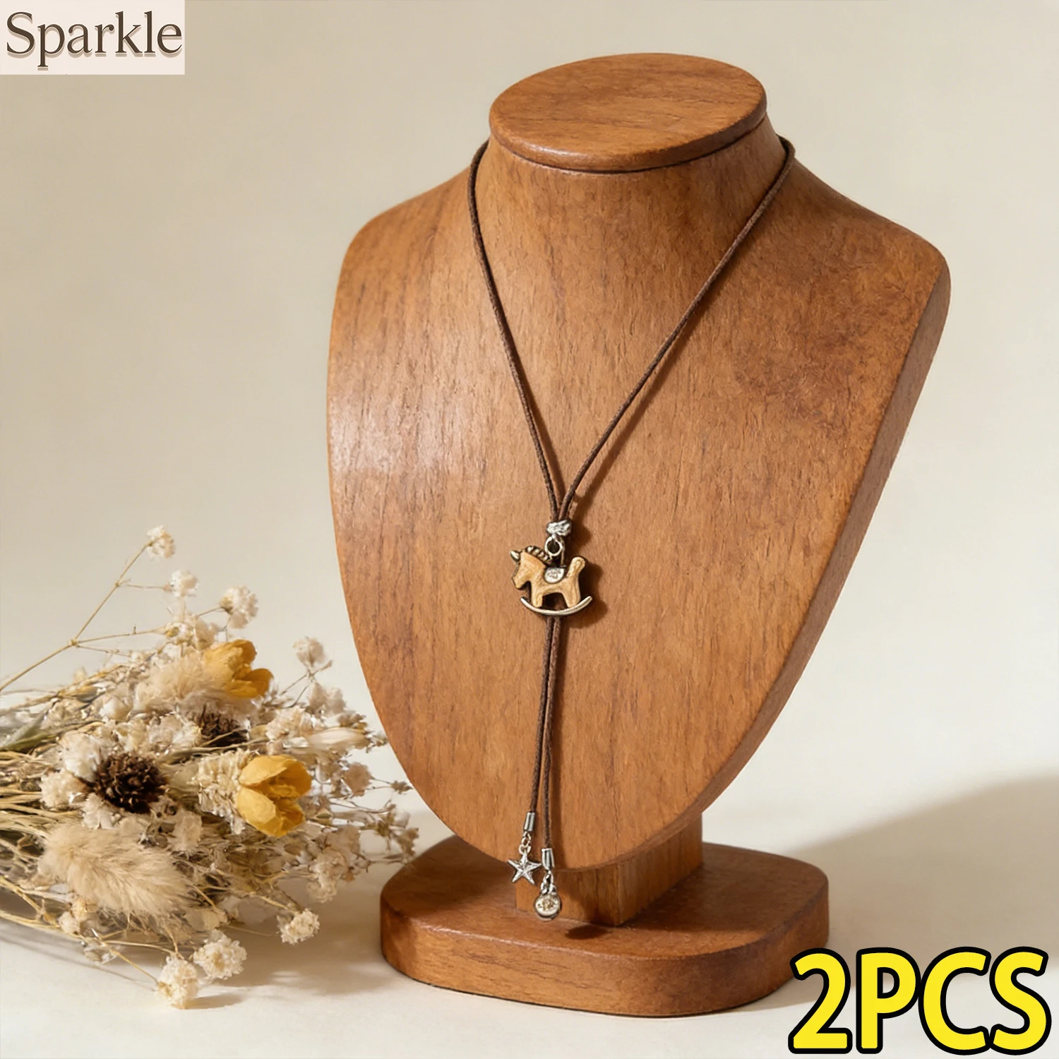 

2PCS Rocking Horse Bolo Tie And Necklace Set Vintage Brown Cord Design with Star And Bell Tassel Pendant for Women