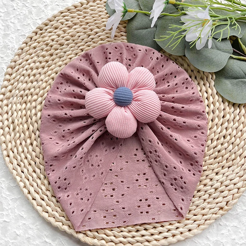 Lovely Flower Baby Hat Elastic Newborn Indian Cap Hollow Breathable Turban Baby Girls Hats Beanies Kids Infant Hair Accessories