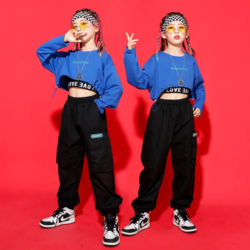 เด็กKpop Hip Hopเสื้อผ้าBlue Crop Topเสื้อแขนยาวStreetwear Cargo Joggerกางเกงสําหรับสาวแจ๊สเต้นรําเสื้อผ้าเครื่องแต่งกาย