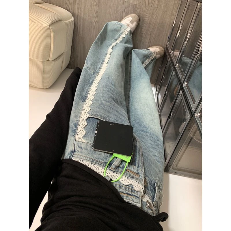 Dames jeans met kanten randontwerp, rechte wijde pijpen, gepersonaliseerde broek, cool girl casual bodems, vrouwelijke straatdenimbroek