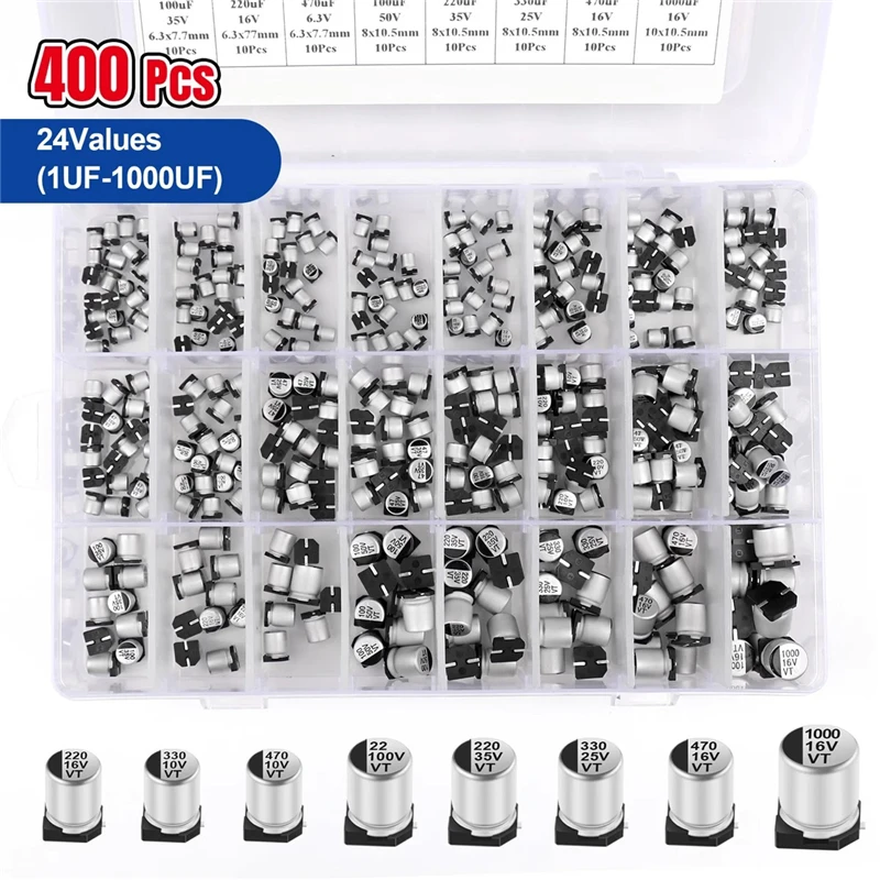 400 buah dalam 24 spesifikasi 1uF - 1000uF SMD kit kotak kapasitor elektrolitik aluminium (SMD)