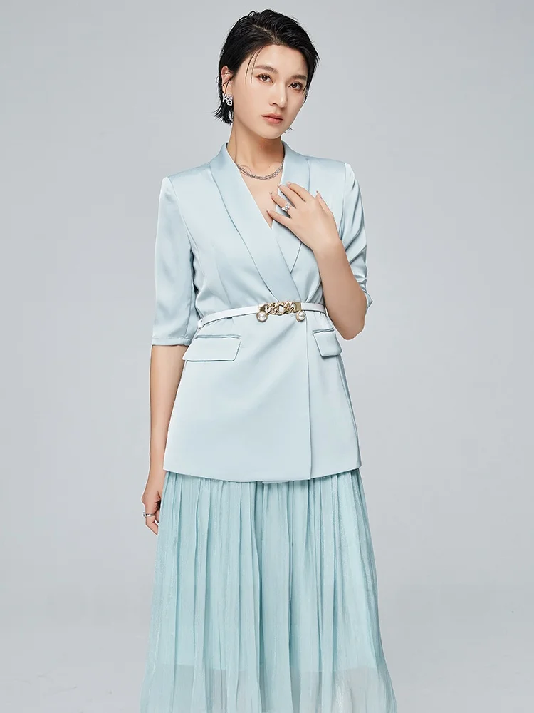 

Qiang Feifei 2026 Summer New Mid-Length f Skirt Suit Jaet Women's Ele White Collar Profional Clothing Set