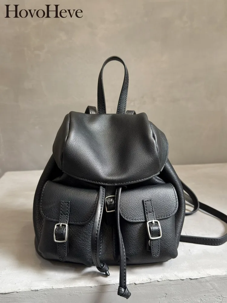 Women Genuine Leather Backpack Double Pocket Casual Small Bag Solid Color Vintage Drawstring Real Cowhide Mini Backpacks Female