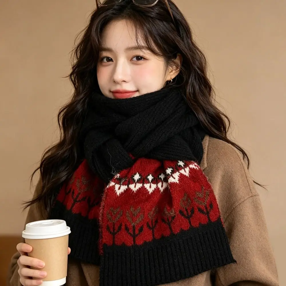 Retro Wool Jacquard Knitted Scarf Thickened Plush Winter Cashmere Scarves Korean Style Thicken Fair Isle Style Shawl Girl