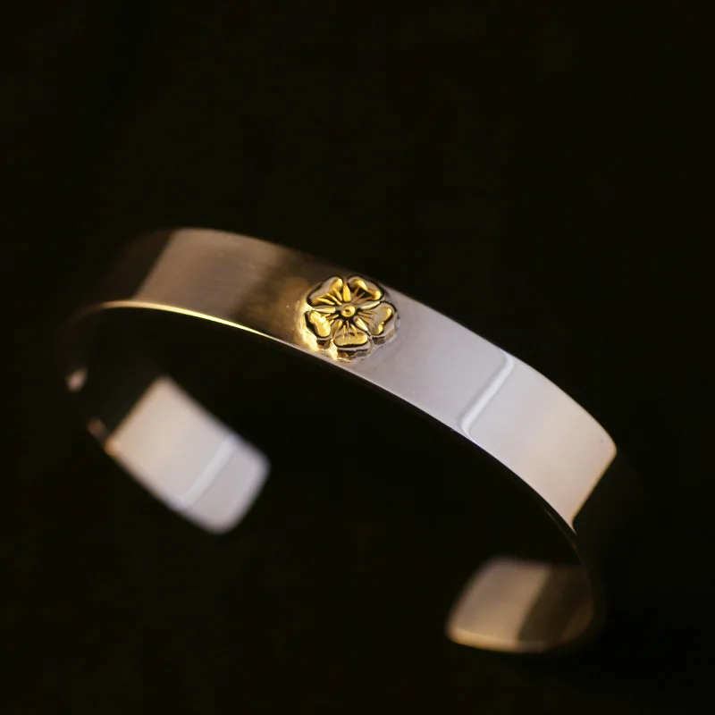 Harajuku Style Japanese Personality 925 Sterling Silver Rose Flower Stamp Bracelet Open Simple Trendy Jewelry