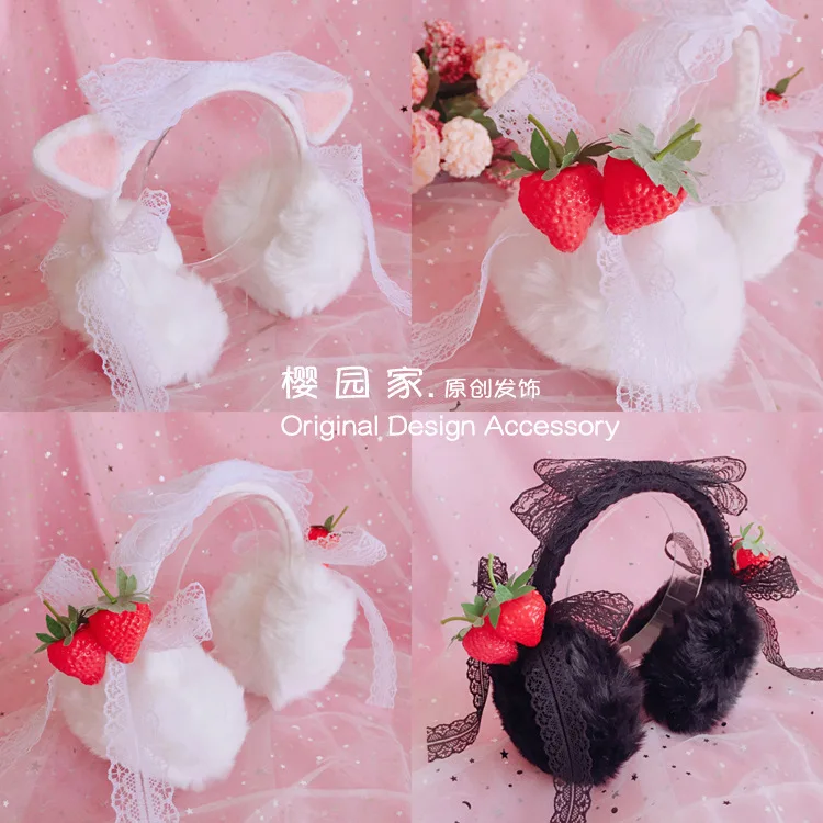 Orejeras cálidas de felpa Lolita para mujer, oreja de gato de fresa, lazo, calentador de encaje, cubierta de oreja, diadema Kawaii, regalo