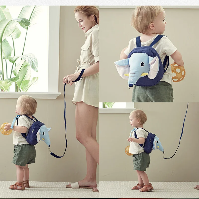 Children's Anti Backpack Safety Traction Full Belt Anti Loss Rope Hand Holding Device Walking Baby Cartoon Blue Elephant Bag