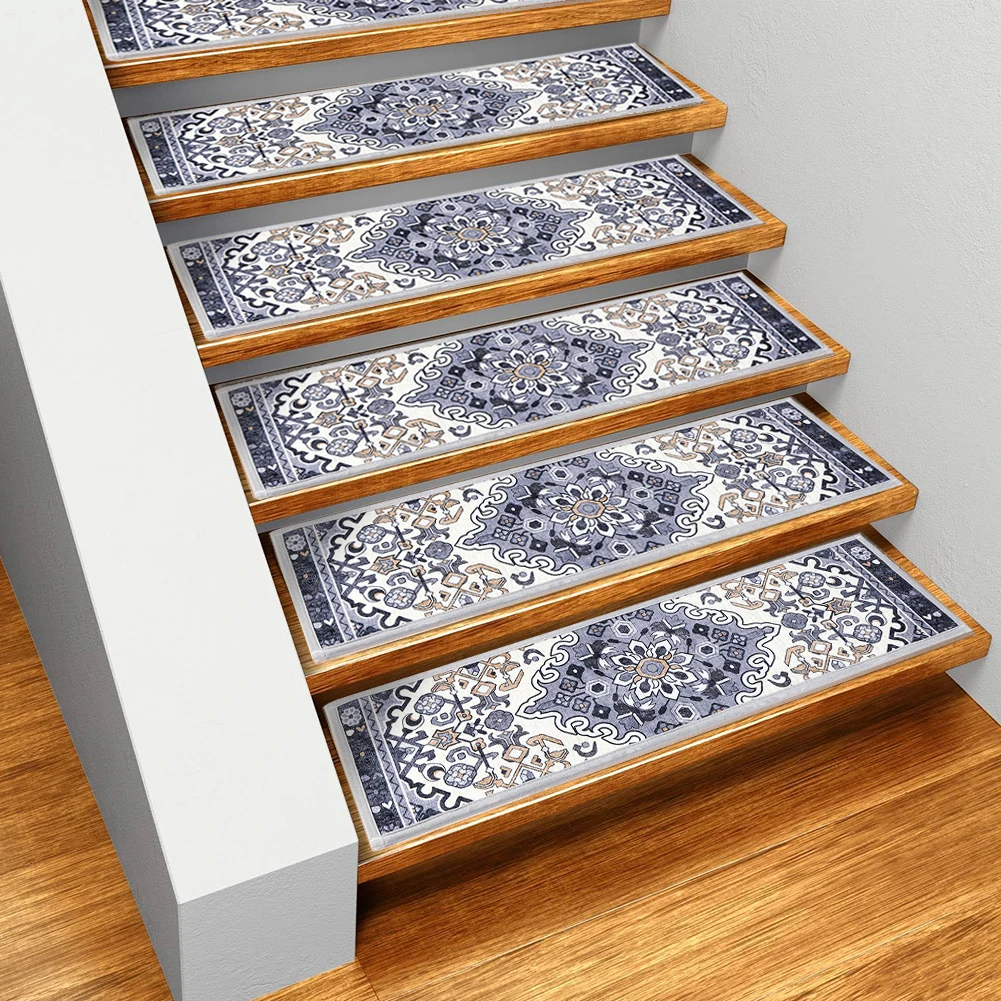 

15Pcs Carpet Stair Treads Set Self-adhesive Backing Non Slip Safety Mats Reusable Stairway Carpet Rugs Bohemian for Wooden Steps