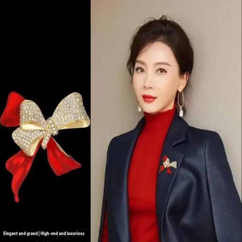 Fashion Rhinestone Red Bow Brooches For Women Clothing Coat Party Jewelry Accessries Gifts
