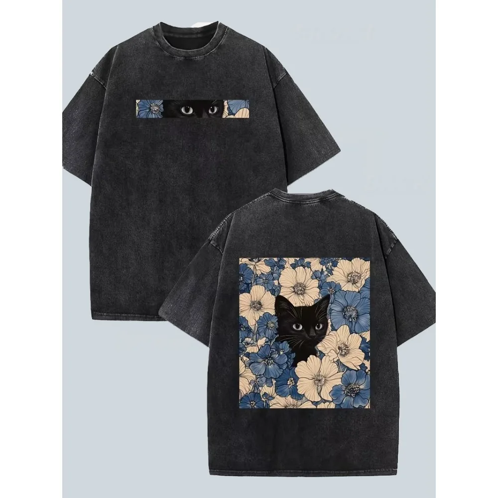 Floral Hidden Black Cat Front Back Graphic T-Shirt, Vintage Washed Crew Neck Loose Casual Short Sleeve Daily Street Style Top