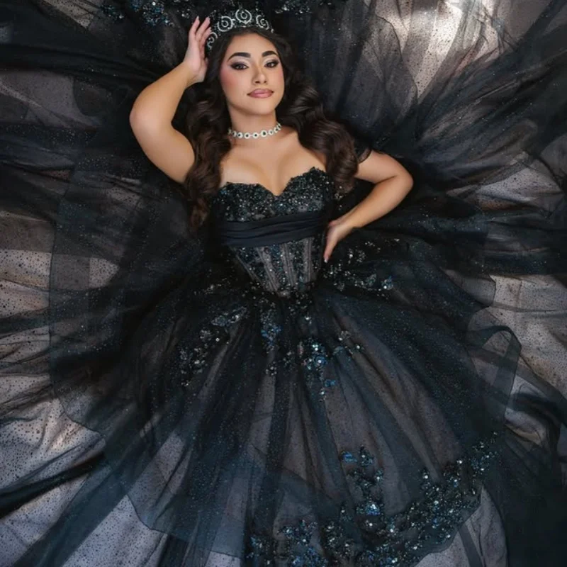 Shiny black Quinceanera Dress off-shoulder crystal glitter decal Long tail Big Bow vestidos de 15 Quinceanera ﻿Customize