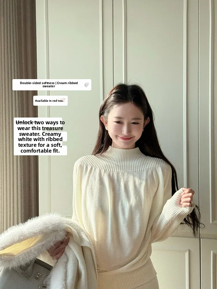 

Double-Sided Soft Sweatshirt Half-High Collar Slimming Base Layer Pure Color Knitted Sweater Women's Winter Warm Long Sleeve