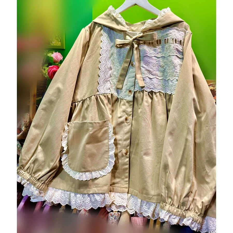 

Sweet Cotton Lace Patchwork Hoodie Short Coat Trench Autumn Lolita Cute Kawaii Korean Mori Girl Casual Vintage Harajuku Jackets