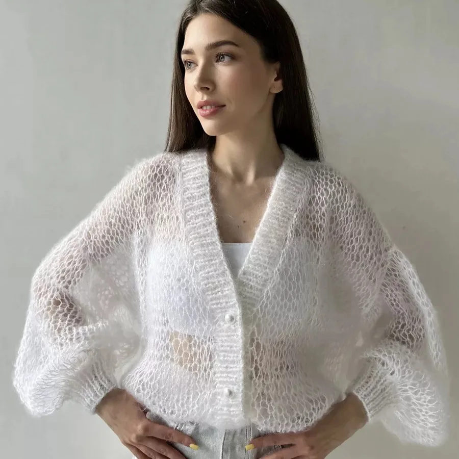 

Женский вязаный кардиган 2026: Новинка! Женский кардиган из мохера с ажурным узором, полупрозрачный, с длинными рукавами, повседневная вязаная верхняя одежда, свитер