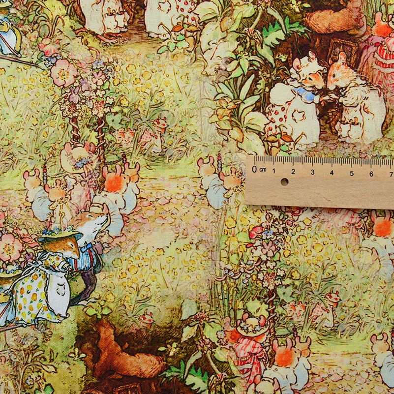 Cotton Fabric Wild Rose Village Cotton Fabric Fox Cartoon Illustration Cotton Fabric Vole Rabbit by Half Meter