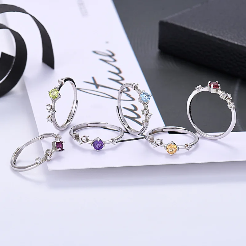 S925 Silver Blue Topa Olive Garnet Amethyst Yellowcrystal Purple Teeth Black Ring Elegant and Fresh Handpiece