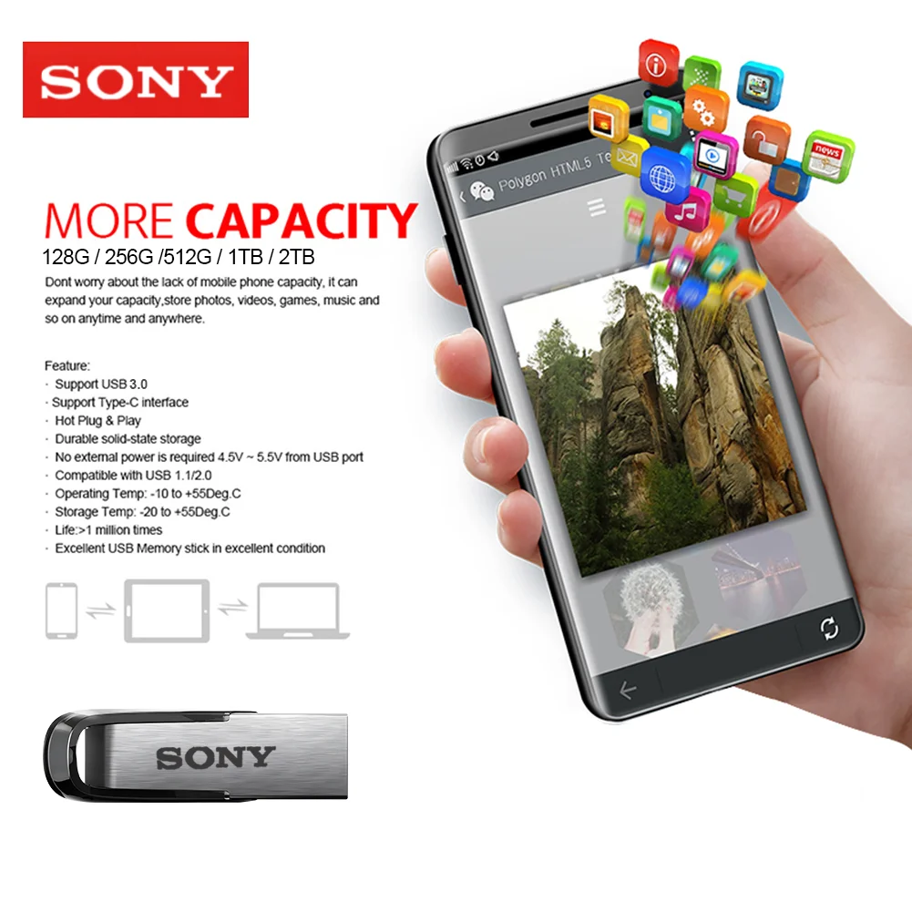 Sony usb 3.0 gen 1 unidade flash 2tb 1tb 512gb 256gb 128gb pendrive memória vara 150 mb/s criptografia de metal disco u