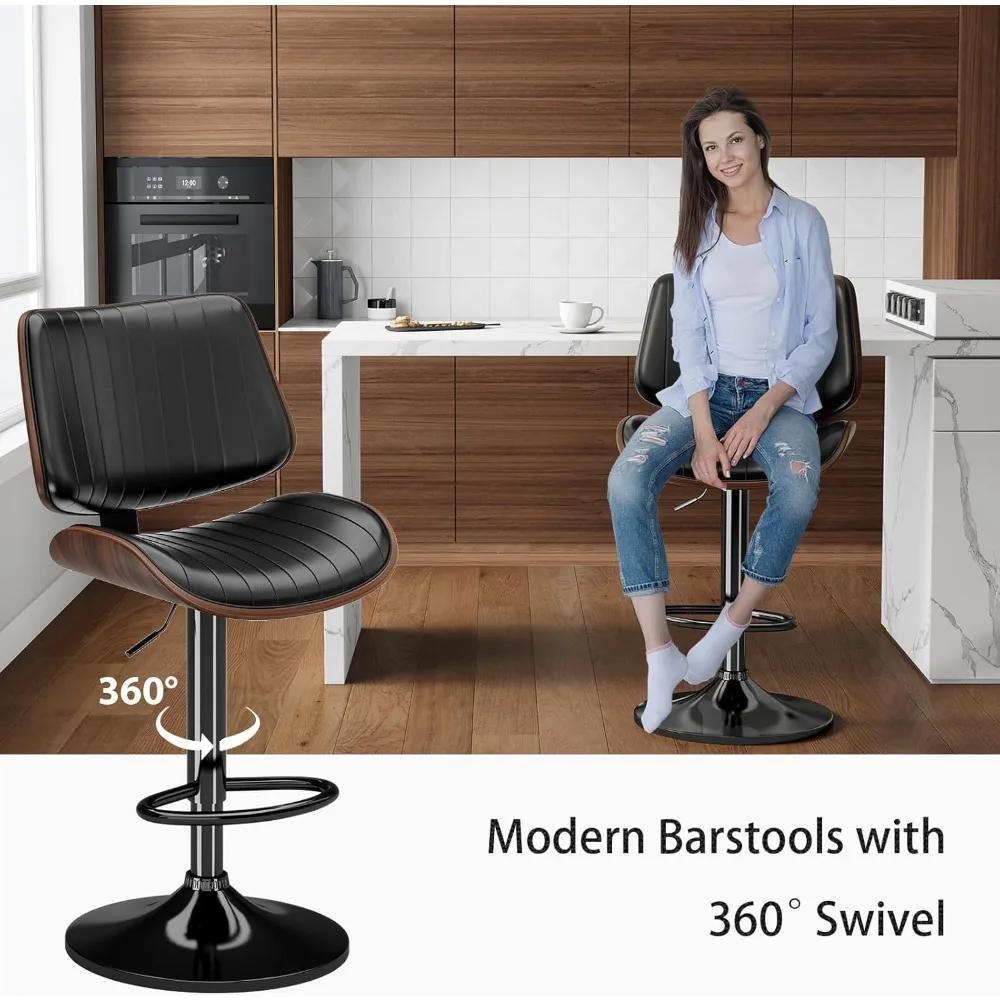 Swivel Bar Stools Set of 3, Adjustable Bentwood Barstools for Kitchen Counter, Modern PU Leather Upholstered Bar Chair with Back