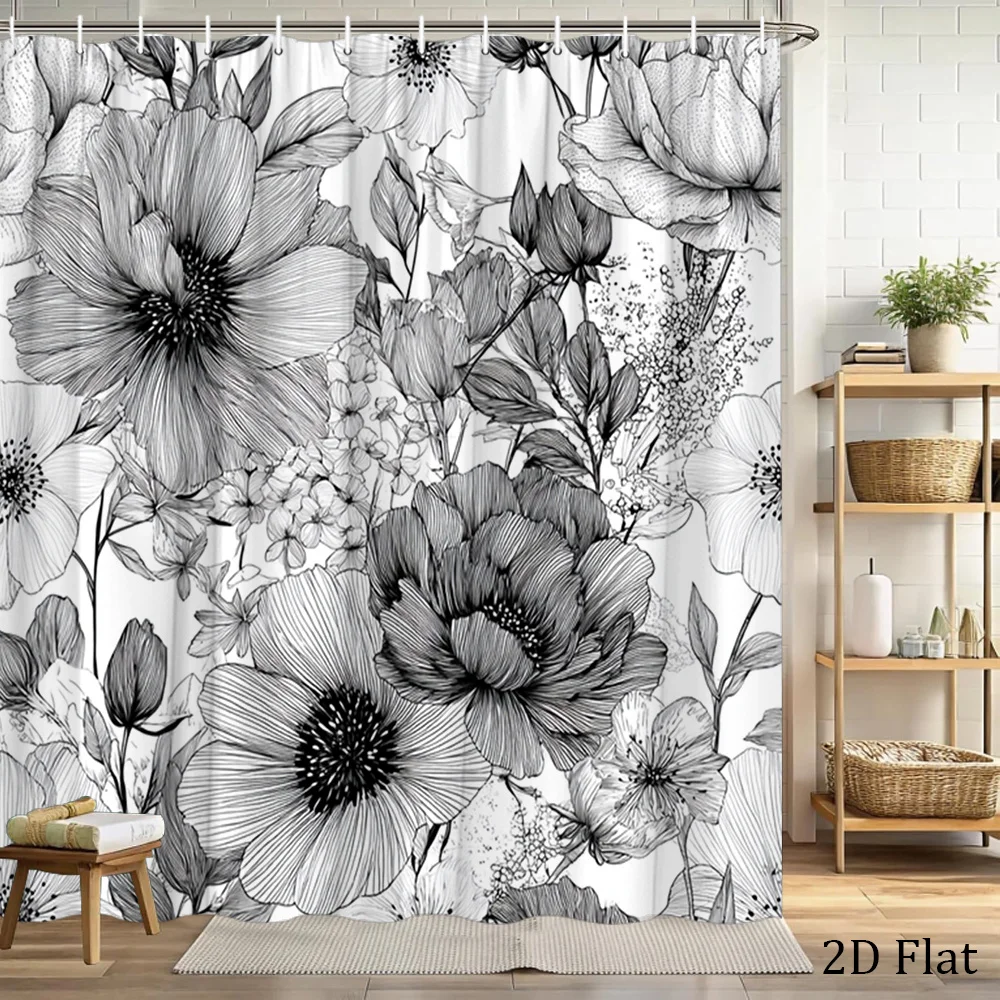 Waterproof Shower Curtain Black and White Botanical Line Art Floral Poppies Peonies Bathroom Decor 180x180cm Sketch Print