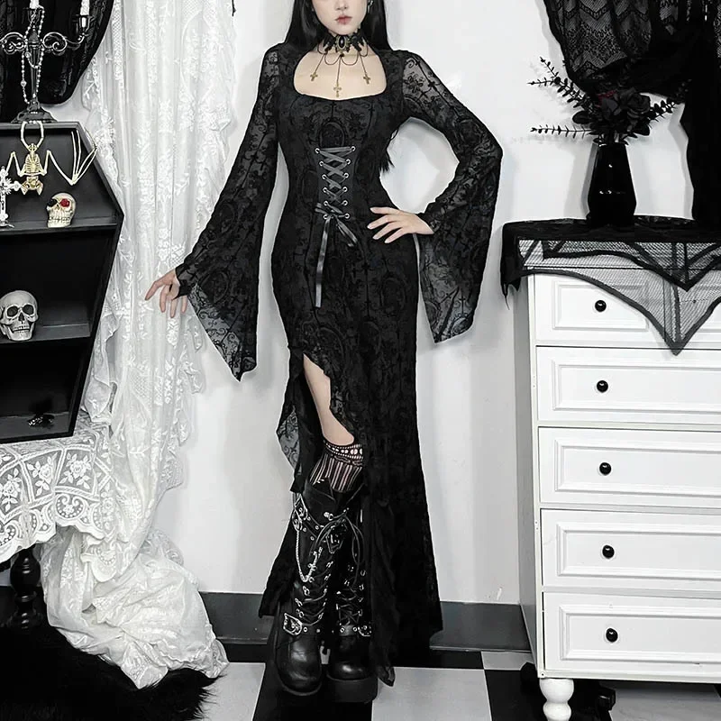 Aesthetic Vintage Flocking Dress Women Mall Gothic Dark Emo Flare Sleeve Square Collar High Waist Banage Corset Dresses