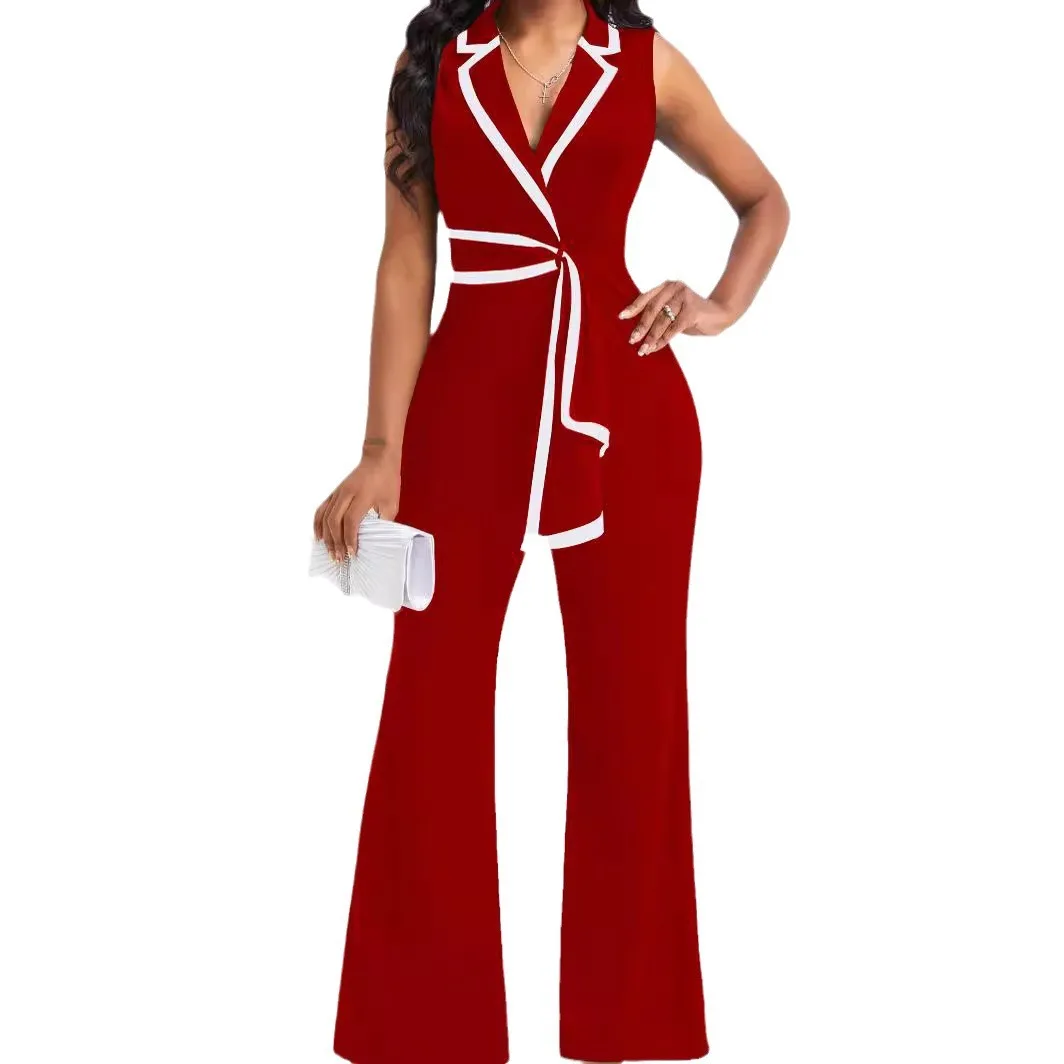 M3219 European and American Cross-border Summer Women\'s New Fashion V Neck Elegant Elegant Sleeveless Jumpsuit Wide Leg Pants