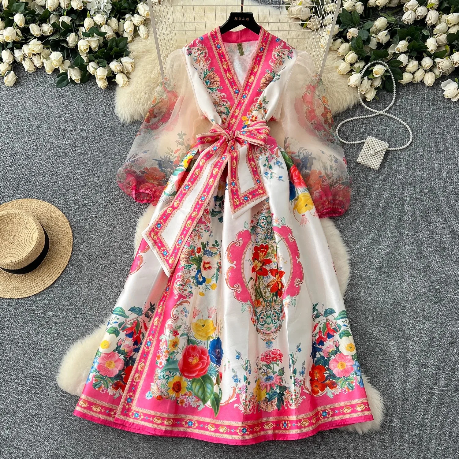 

Gorgeous Flower Bandage Lace Up Wrap Dress Women Cross V Neck Lantern Sleeve Chiffon Patchwork Thick Satin Long Party Vestidos