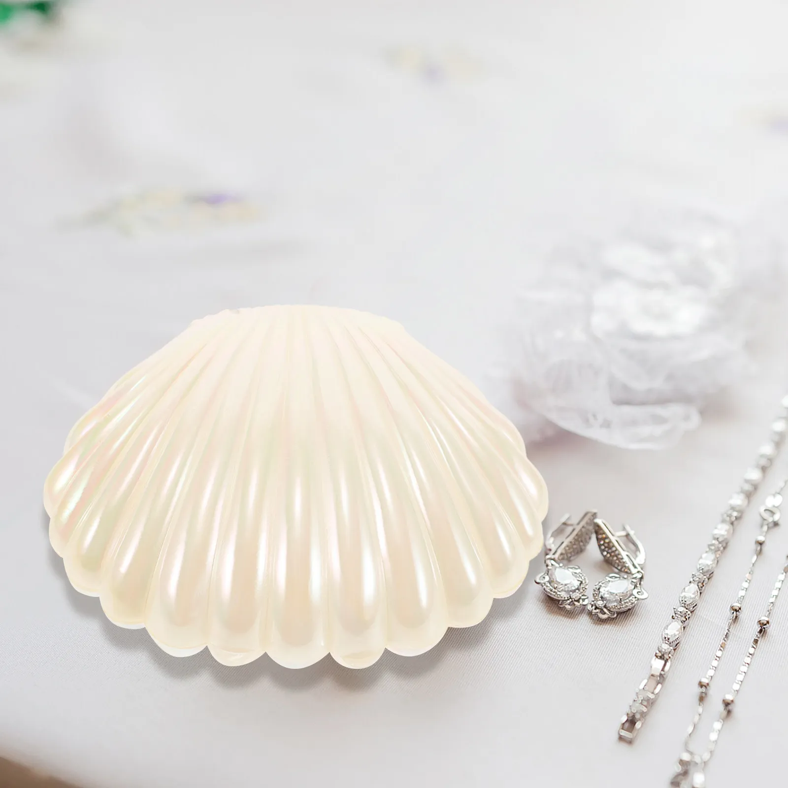 

Mini Seashell Jewelry Tray Key Box Pearlescent Resin Clam Shell Desktop Organizer Trinket Dish Decorative Holder for Entryway