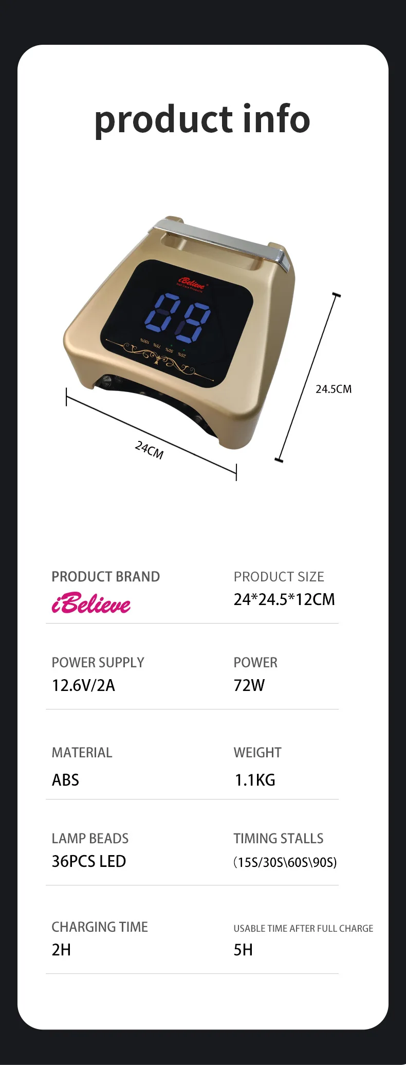Professional 72W Rechargeable UV LED Nail Lamp with 36pcs LED Bulbs Multi-Timer Cordless Nail Dryer for Salon Manicure