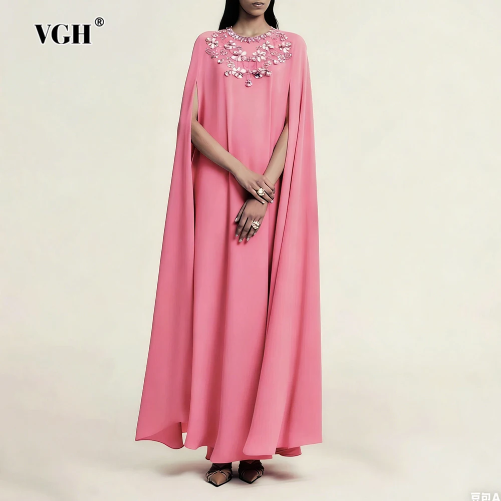 

VGH Вечернее розовое платье с бисером для женщин, с круглым вырезом, без рукавов, со свободной талией, элегантные роскошные платья макси, женские новые