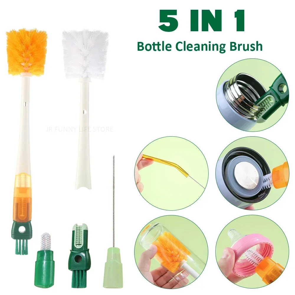 5-in-1 Water Bottle Cleaning Brush Set - Kitchen Gap Cleaner Mug Cup Washing Tool with Baby Bottle Brush for Home
