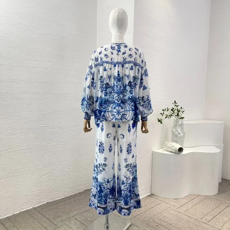 Women's Blue and White Porcelain Floral Print Long Sleeve Diamonds Blouse Tops and Pants Set High Quality 2024