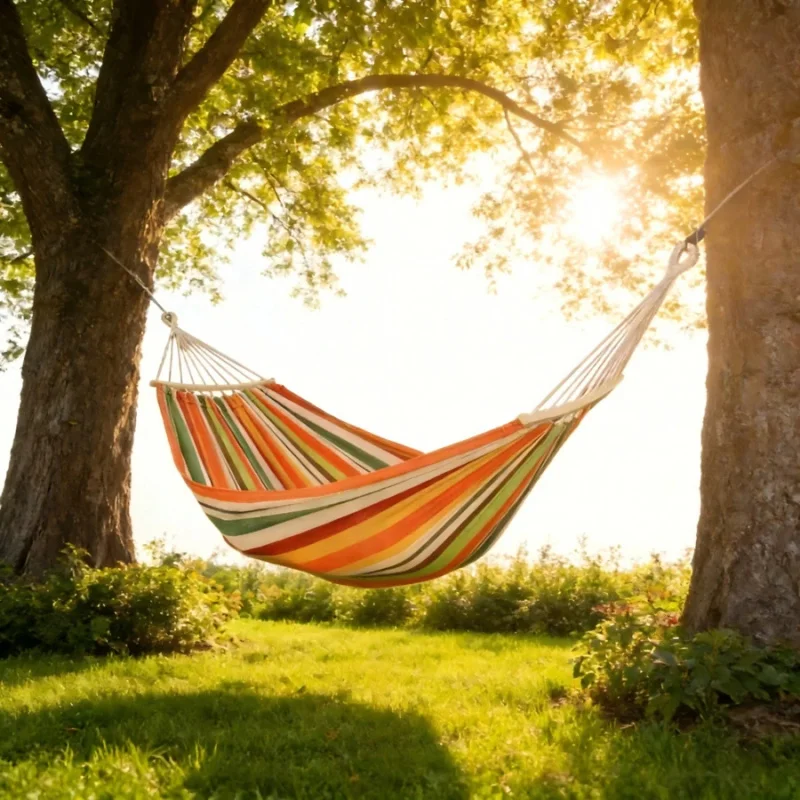 Stylish Beige Double Hammock, Reinforced With Metal Wear-Resistant Buckle, Stable Wooden Spreader Bar Design